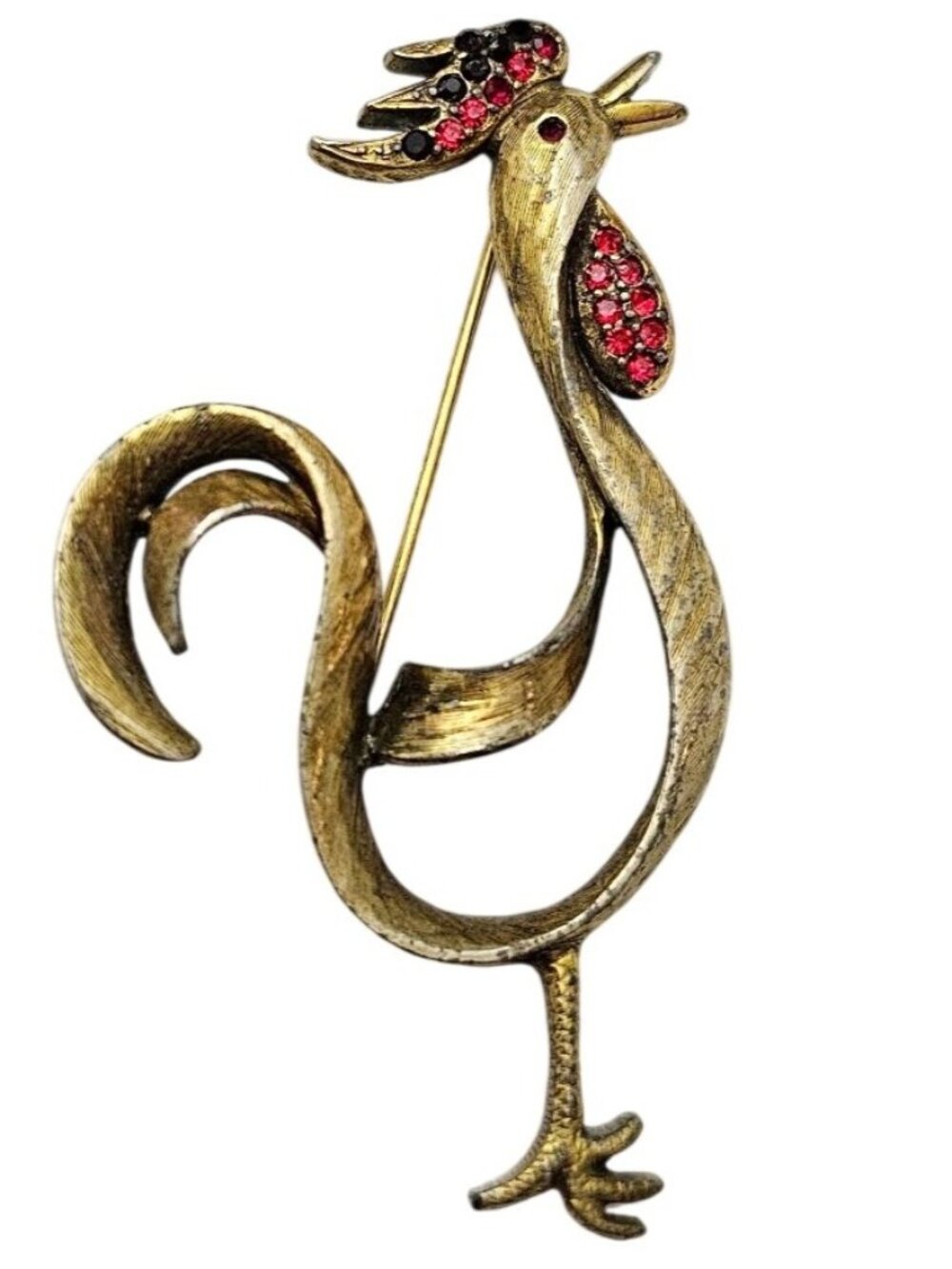 Jeanne Rooster Brooch Open Modernist Red Rhinestone Pin Signed, J778